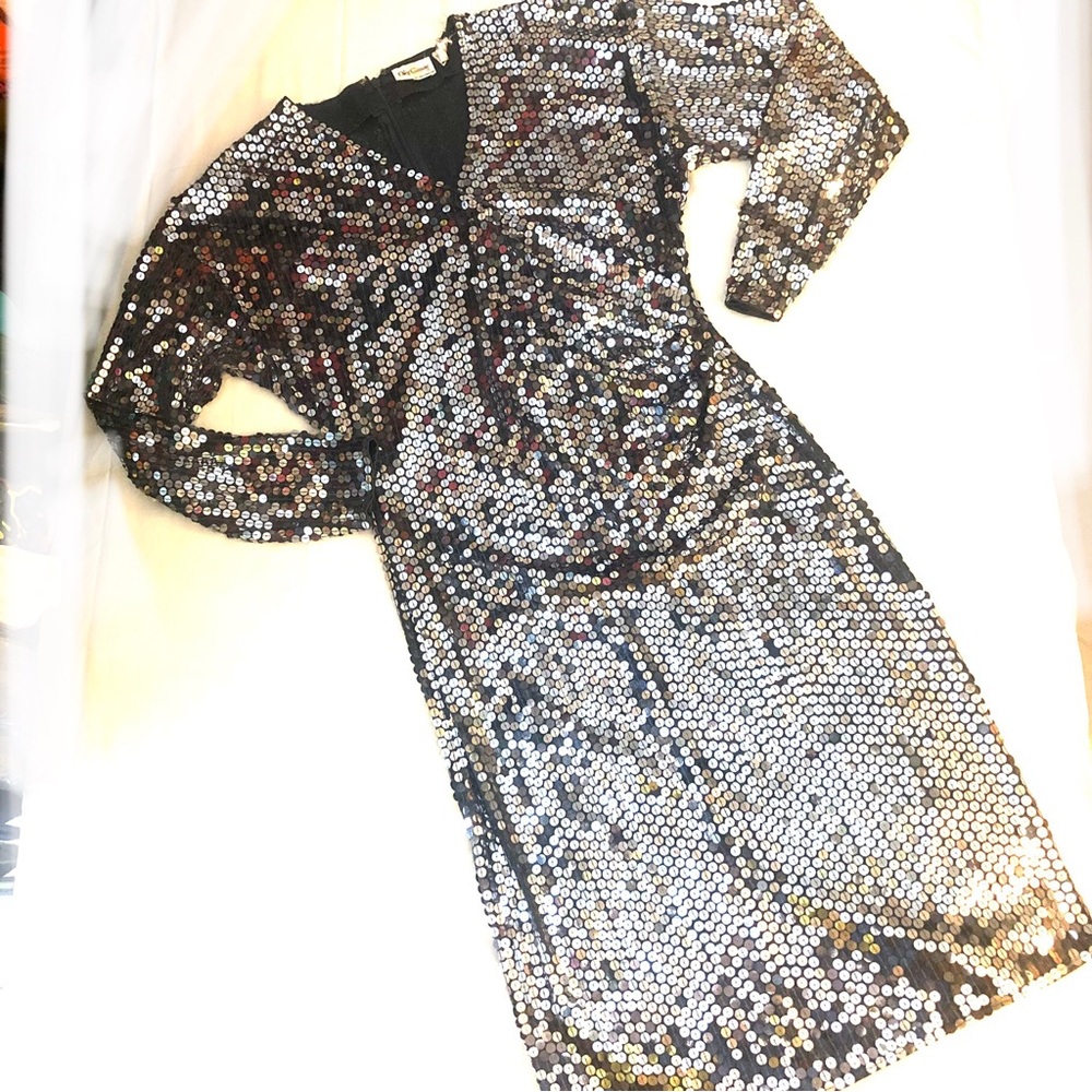 Oleg Cassini Black and Silver Sequin Midi Dress